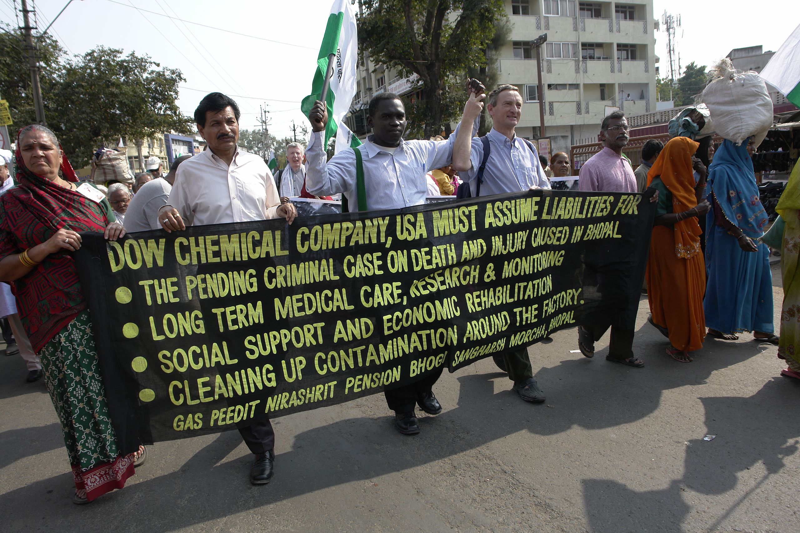Protesters urging Dow Chemical to take responsibility for the Bhopal disaster, 2010.