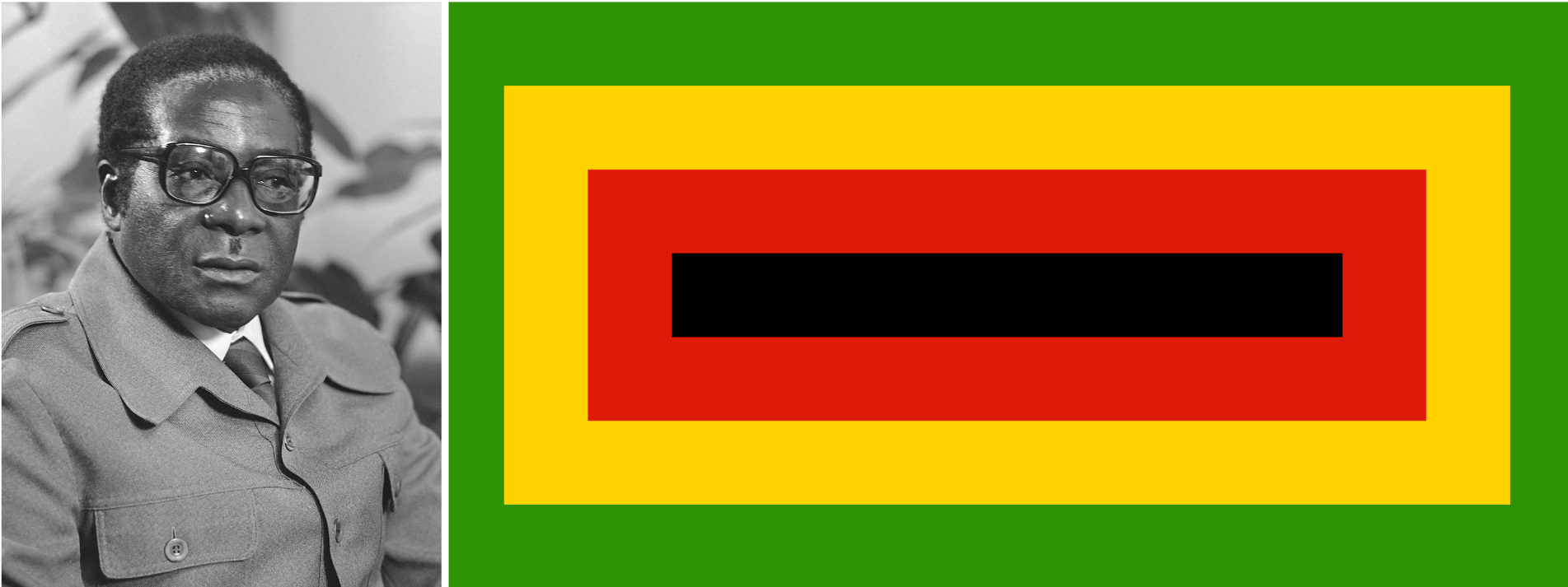 Robert Mugabe in 1979 (left). Flag of ZANU (right).