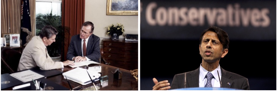 On the left, President Ronald Reagan meeting with Vice President George H.W. Bush. On the right, Governor Bobby Jindal.