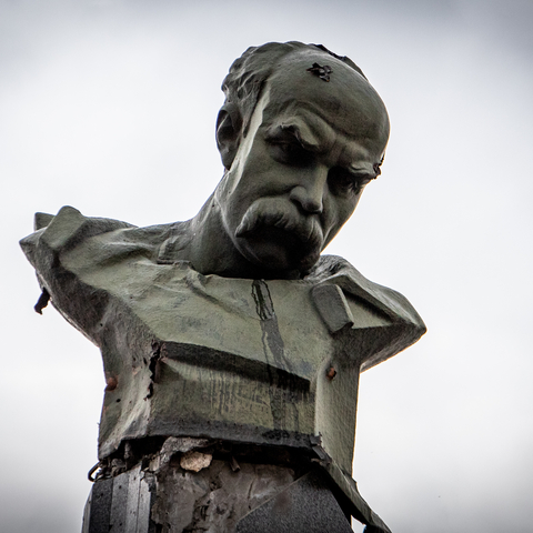 The Taras Shevchenko monument in Borodyanka, Ukraine damaged by the Russian attack, April 2022.