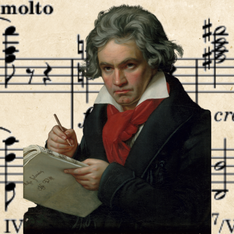 Ludwig van Beethoven in front of sheet music from his first symphony. 